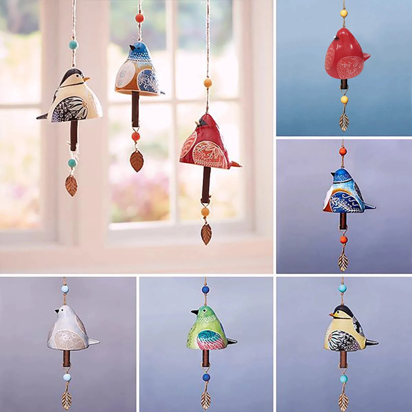 Hand Painted Resin Hanging Bird Song Bell Bird Wind Chime For Wall Window Door Wind Bell Hanging Ornaments Garden Patio Decor