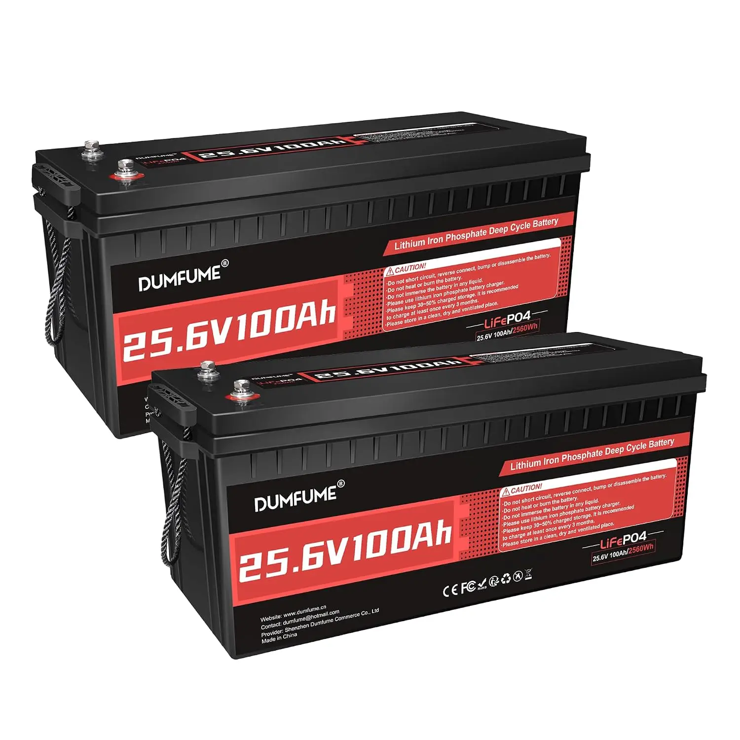 2 Pack 25.6V 100Ah LiFePO4 Battery IP65 High Temp Cutoff, Customized