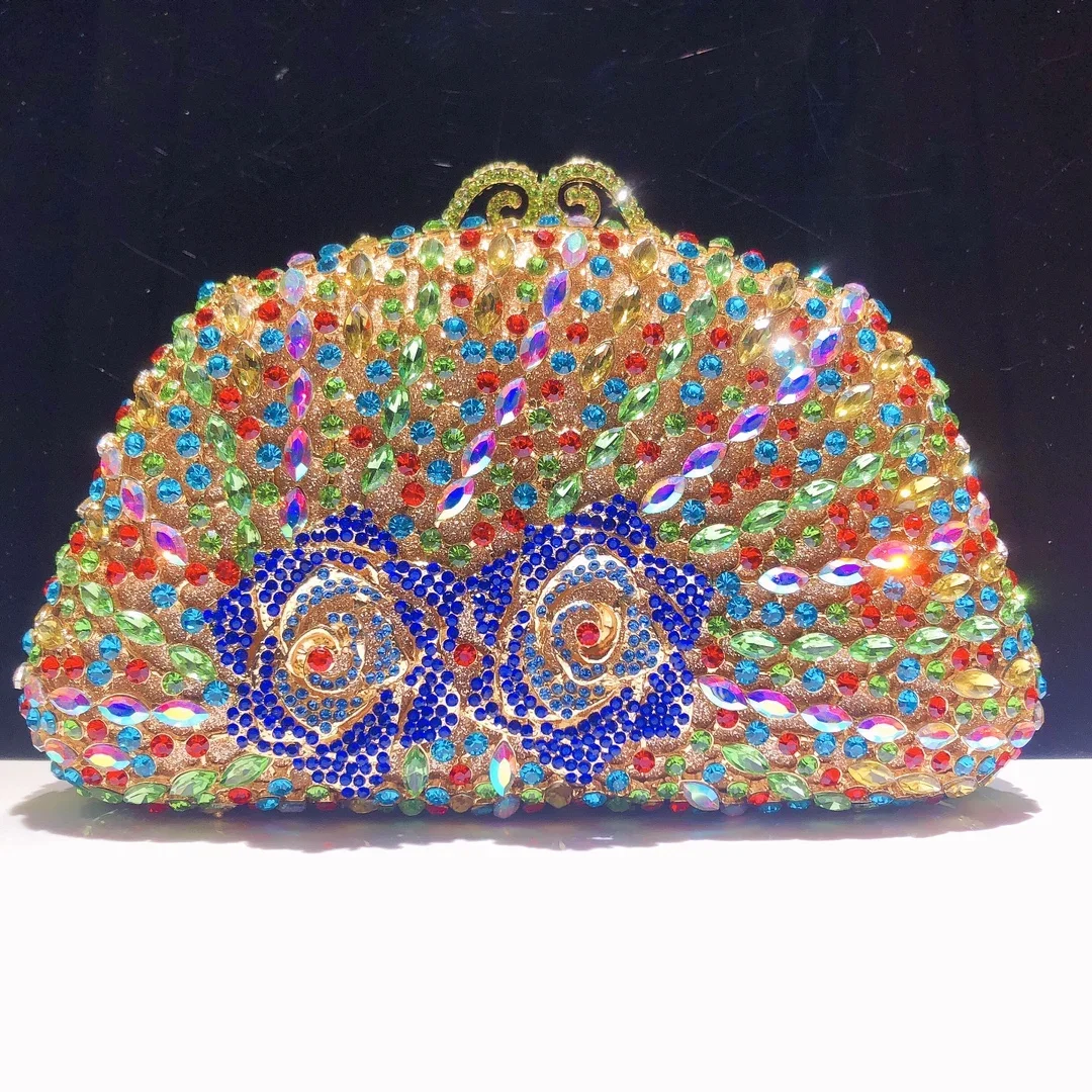 

Women Colorful D Shape Stones Clutch Bags Crystal Evening Bags Metal Minaudiere Rhinestone Phone Purses Wedding Party Purse