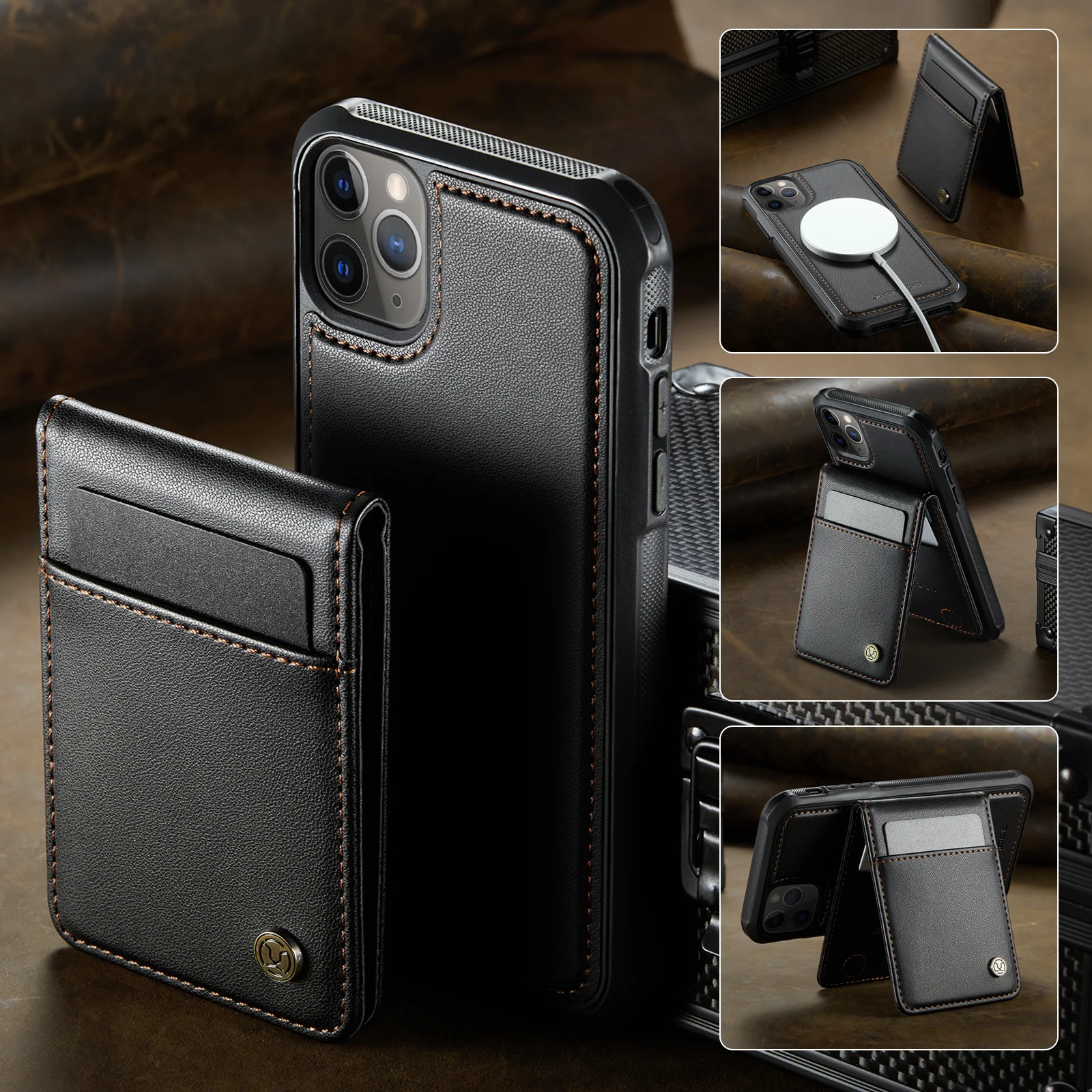 JEEHOOD-J06 Wallet Case for iPhone 17 Pro Max 16 15 14 13 12 11 , Luxury 2 in 1 PU Leather Card Holder Cover Protector Shell New