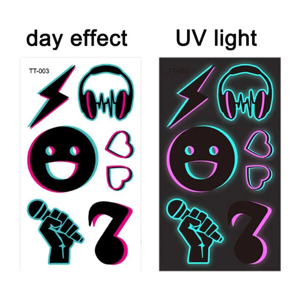 

20 листов, приятные для кожи светящиеся татуировки, наклейки с мультяшным ночником, музыкальный фестиваль, наклейки, украшения, водонепроницаемые, сделай сам, боди-арт