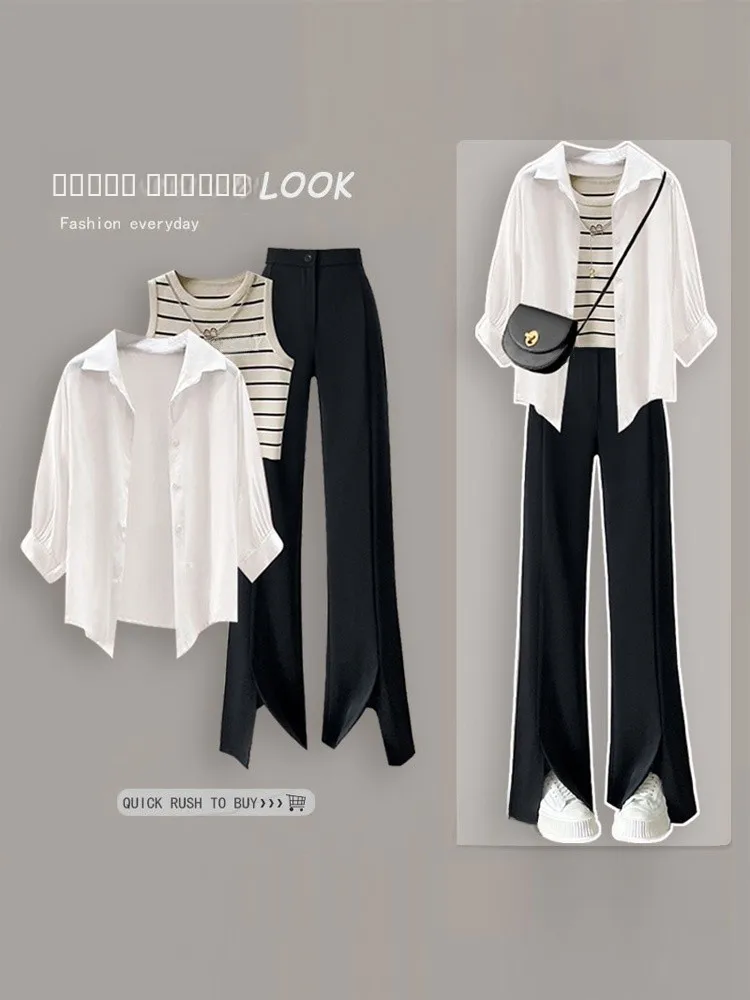 

Summer Thin Long Sve irt Women's Casual Stripe Vest Design Split Loose Fit Tee Piece Set Lightweight Breathable Faion