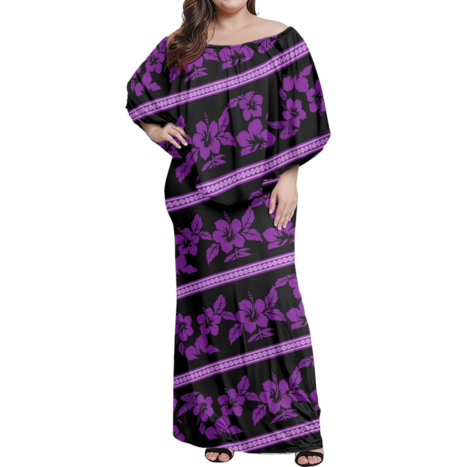 Low Price Polynesian Tribal Dress Sublimation Print Off The Shoulder Maxi Evening Gown With Shawl Women Big Size Ponchos Dress