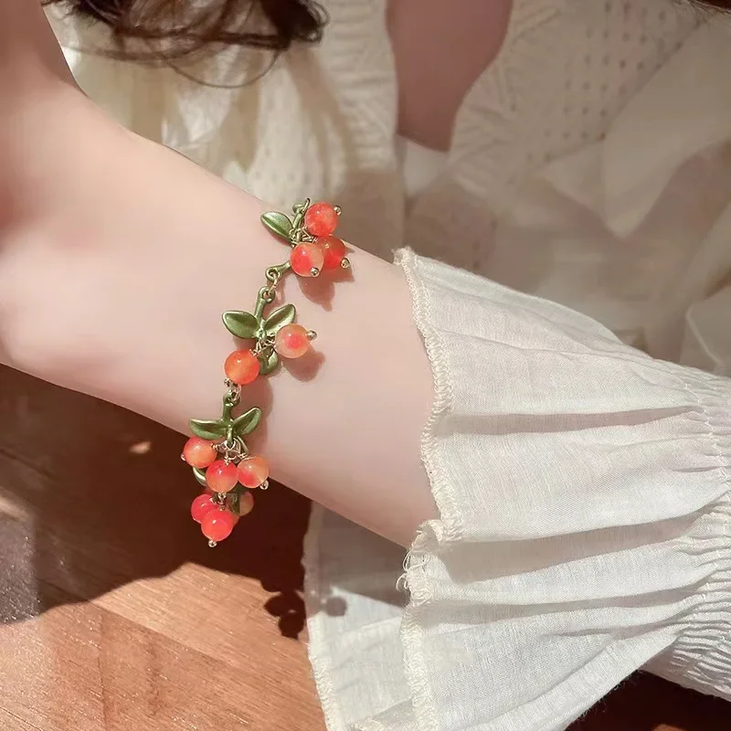 Birthday Jewelry Gift Sweet Orange Beaded Plant Leaves Bracelet Fruit Peach Red Cherry Bracelet Charm for Women Party