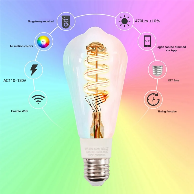 

Tuya Smart Wifi LED Bulbs RGB 16 Million Colors, Dimmable 2700K-6500K Compatible With Alexa/Google Home
