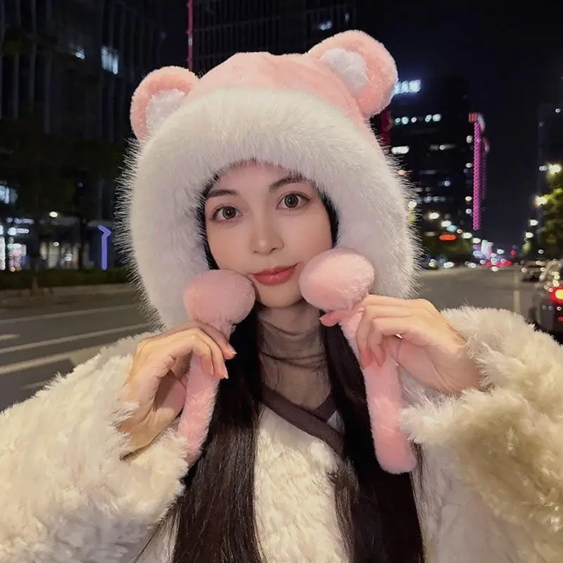 Cute Bear Ears Hat Women Winter Bike Riding Running Hats Lacing Cute Bucket Cap Velvet Ear Protection Fashion Woolen Skiing Caps