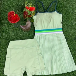 Green Spaghetti Strap Dress with Shorts Pocket Tennis Golf Wear Two Piece Set Badminton Sport Workout Clothes Casual Outdoor