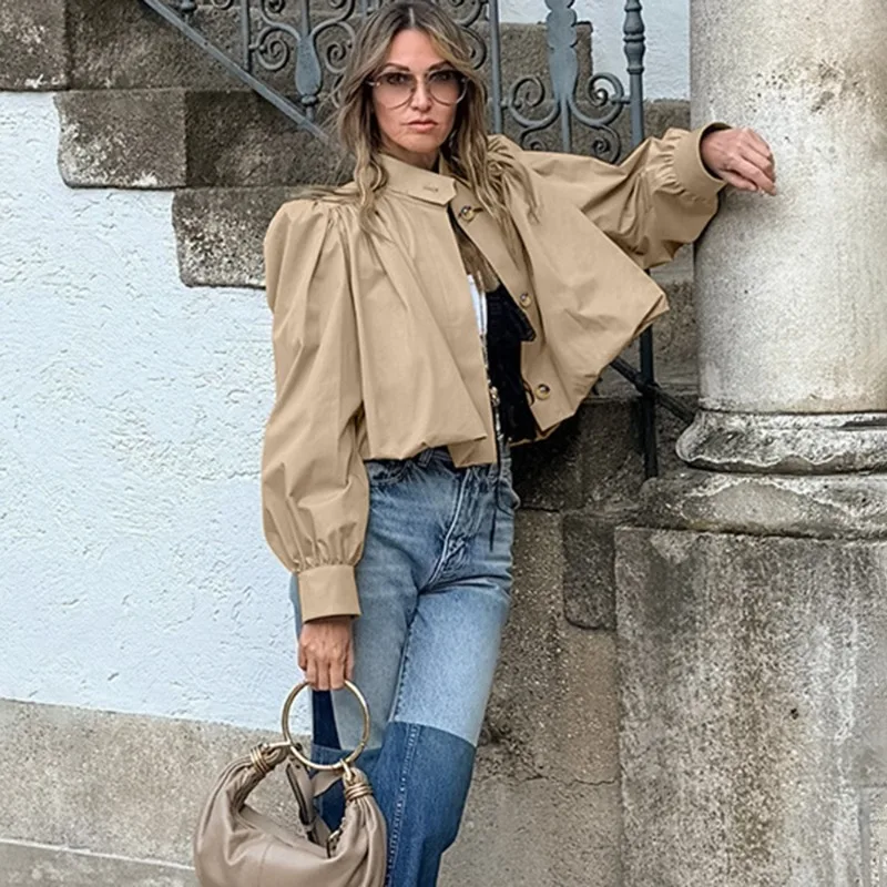 Talenza Women Autumn Shirt Jacket New Pleated Patchwork Loose Puff Sleeve Jackets Casual Streetwear Fashion Solid Female Coats