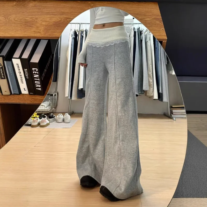 

Autumn Winter Fleece Lined New Arrival Stylish Lace Patchwork Loose Wide Leg Casual Drooping Floor Length Sweatpants For Women