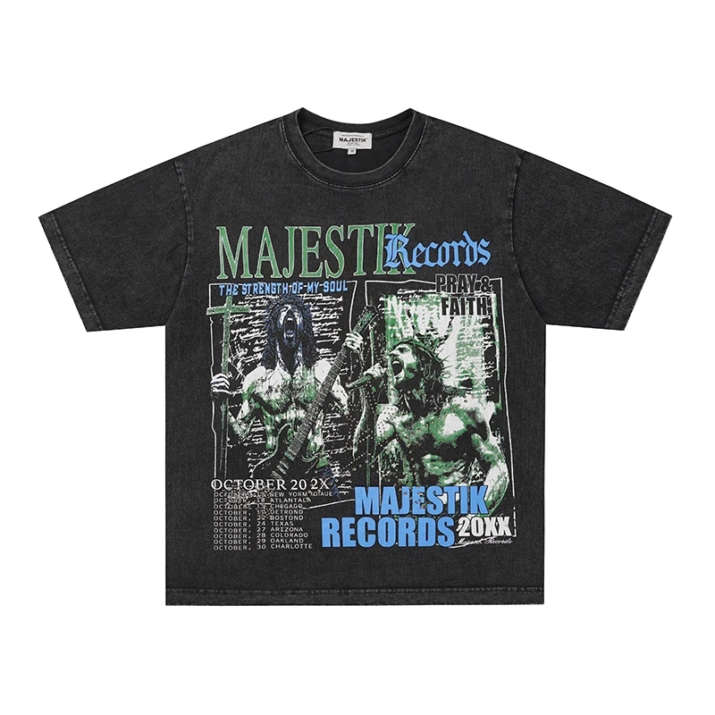 Europe America High Street Washed Rhinestone MAJESTIK T Shirt Men Woman Vintage Short Sleeve Casual Cotton Tops Tees