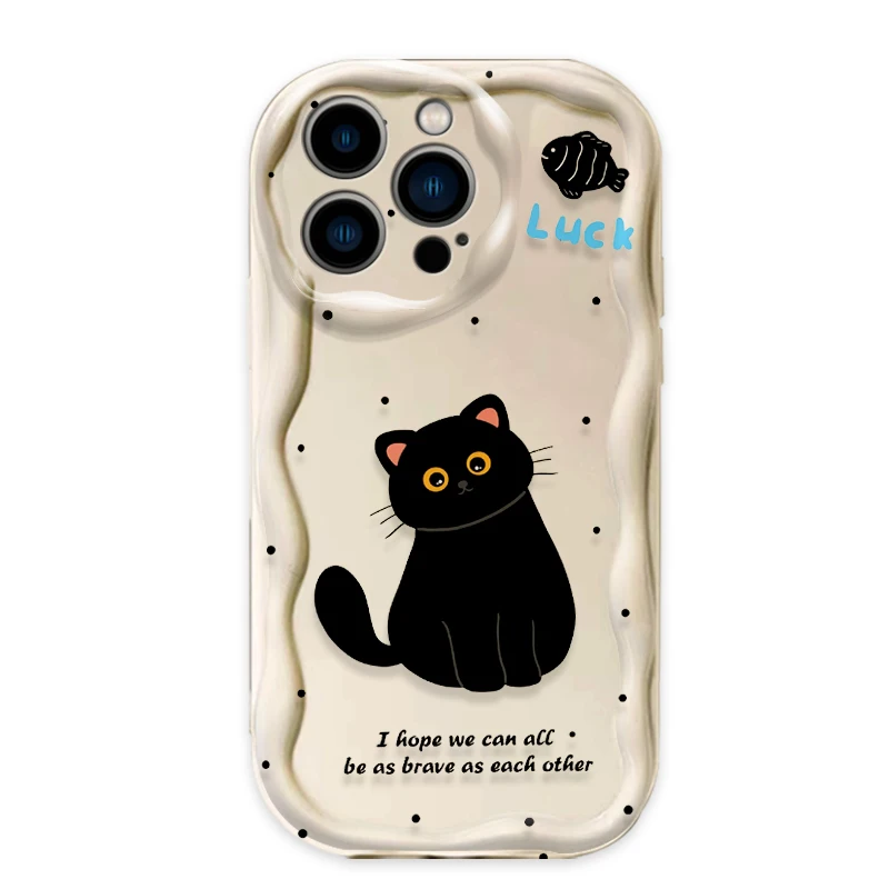 Creative Black Cat Cartoon Wavy Phone Case for IPhone 17 16 15 14 13 12 11 Pro Max Plus 17Air 16E XR XS X 7 8 Shockproof Cover