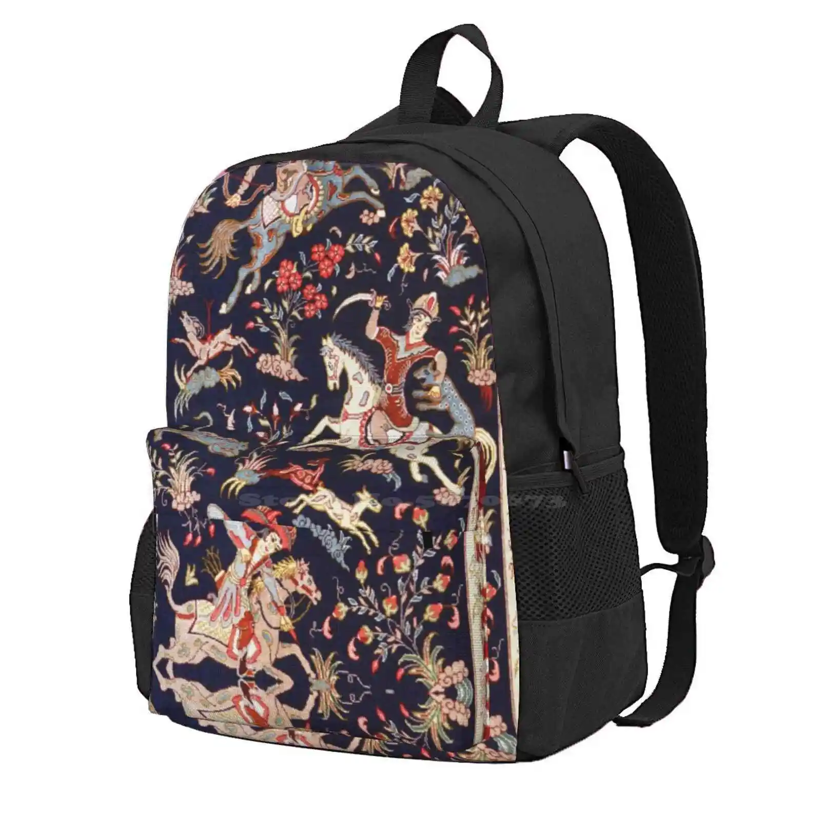 

Antique Persian Hunting Rug Print Hot Sale Schoolbag Backpack Fashion Bags Persian Rug Carpet Antique Vintage Hunting Horses