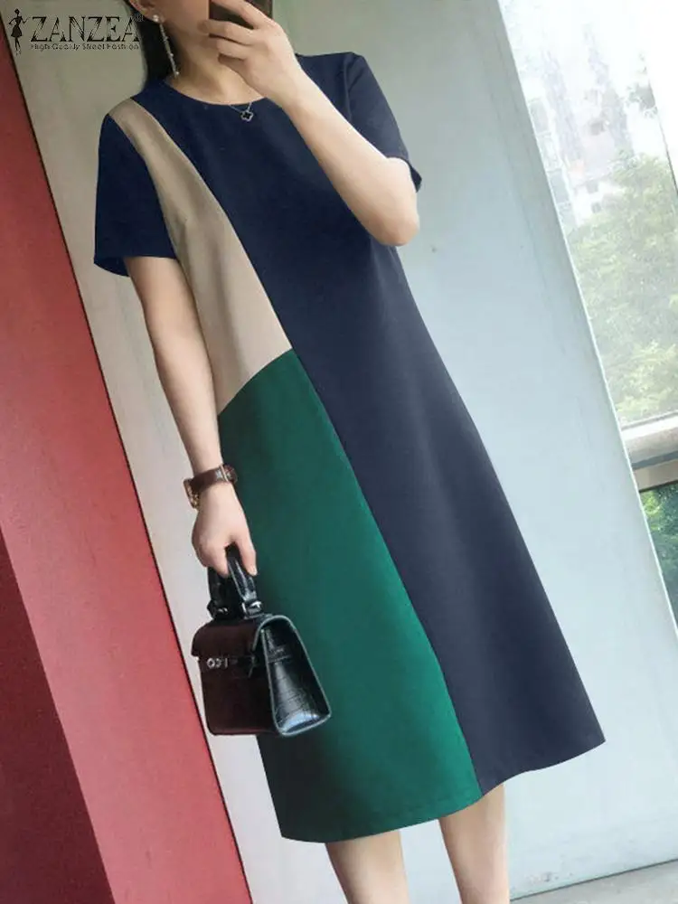 

Women Short Sleeve Midi Robe Fashion ZANZEA Summer Colorblock Sundress 2024 Casual O-Neck Straight Dress Holiday Loose Vestidos