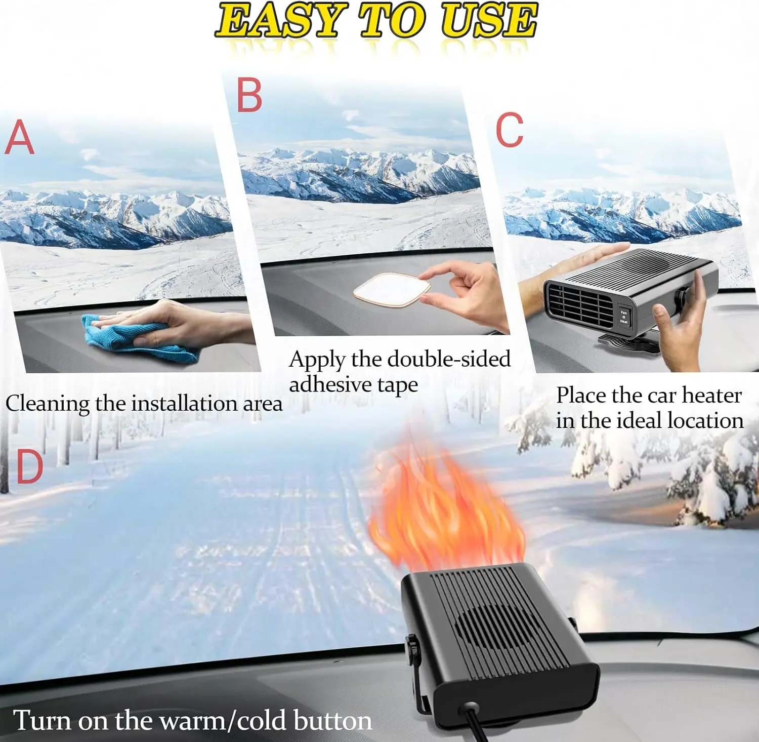 سخان سيارة 12 فولت مزيل الصقيع المحمول 200 وات مروحة تسخين سريعة للزجاج الأمامي باللون الأسود