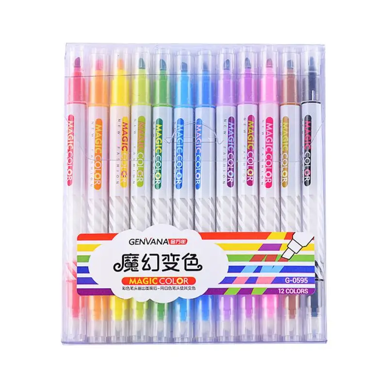 Dual Tip Coloring Pens 12 Colored Dual-ended Marker Pens Highlighter Assorted Colors Changing Pen Set For Kids Diary Cartoon DIY