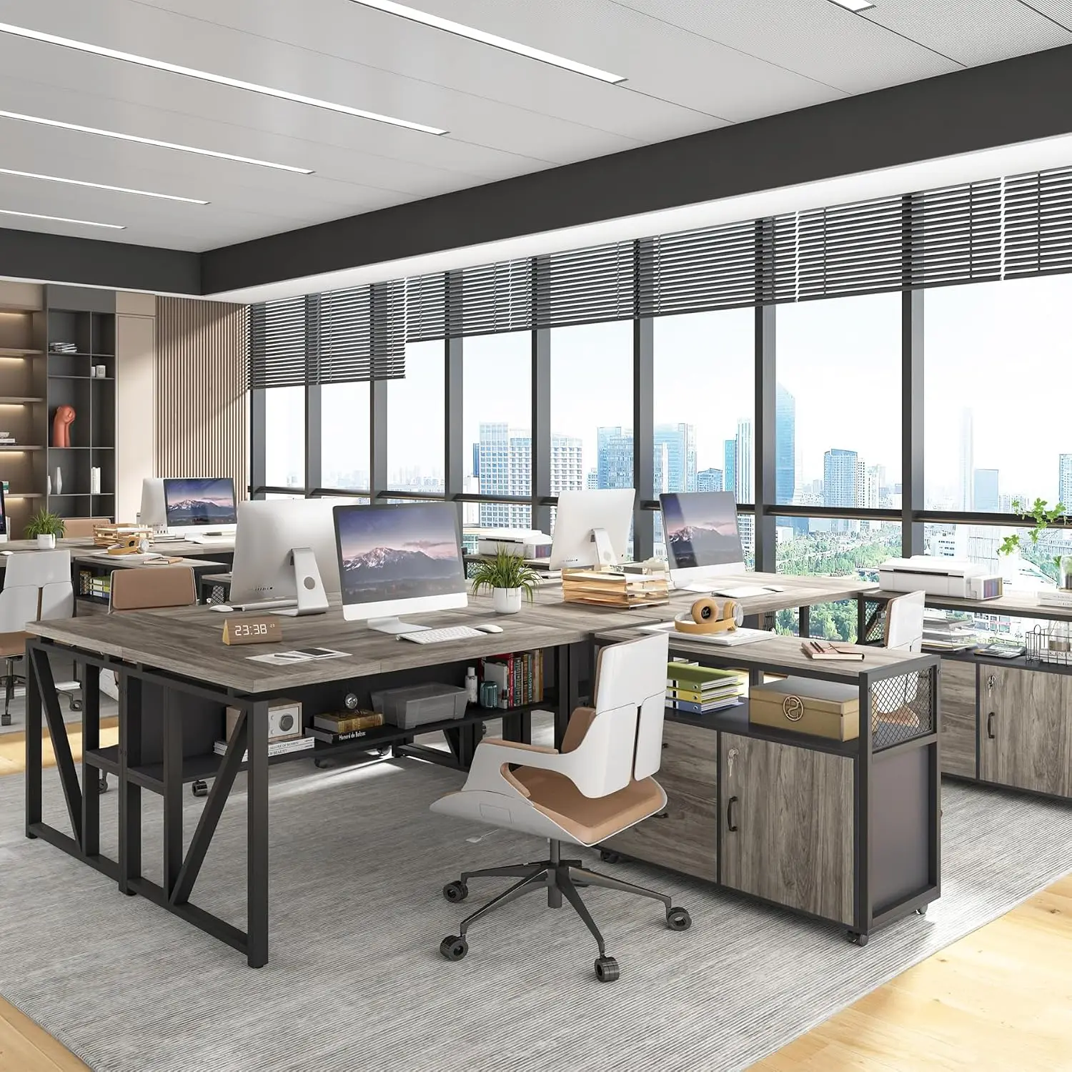 L-Shaped Executive Desk with Reversible File Cabinet & Drawers, Large Office Workstation for Home Business, 63