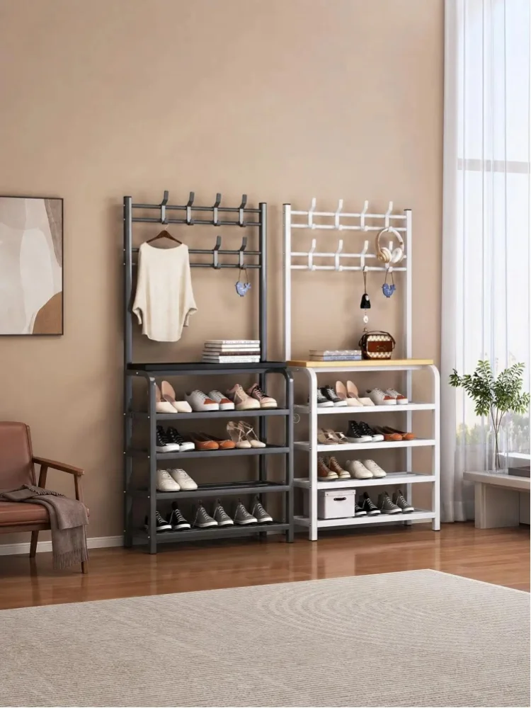 Schuhregal für den Eingangsbereich, 5-stöckiges Schuhregal mit Haken, multifunktionales Metallregal für Mäntel und Hüte, Ablageregal, geeignet für Schlafzimmer, Flur und Büro.
