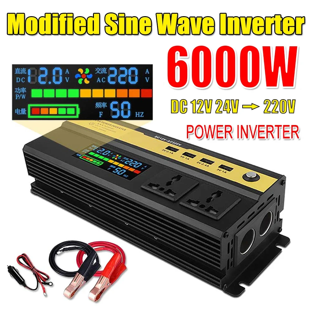 Modificado Onda Senoidal Potência Inversor com Display Lcd Conversor de Carregamento Converter Transformador dc 12v 24v para 220v ac 6000 w 5000 w 4000 w 3000w