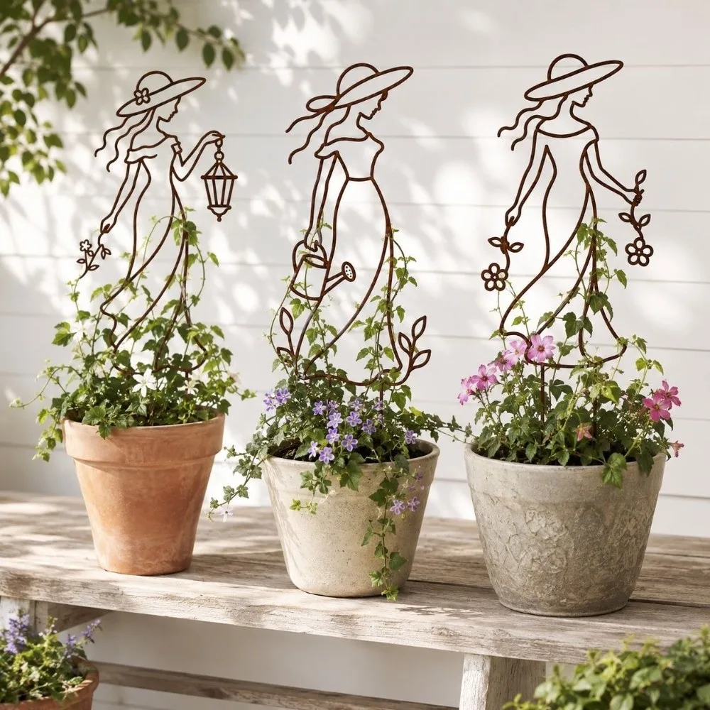 Distressed Iron Character Silhouette Plant Trellis Hollow Out Strong Load Bearing Lady Plant Support Pile Rust Proof