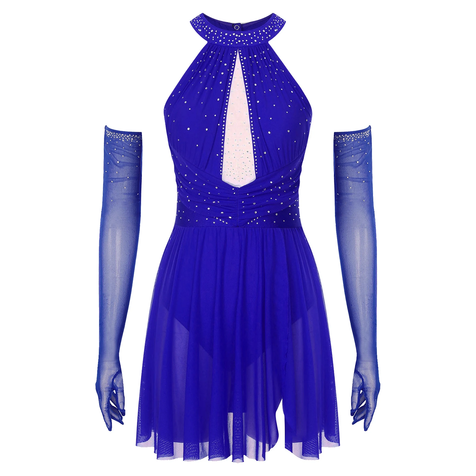 Strój gimnastyczny dla kobiet, sukienka do łyżwiarstwa figurowego, taniec, tańce latynoamerykańskie, zestaw konkursowy, sukienka bez pleców z dżetami, bez rękawów + rękawiczki