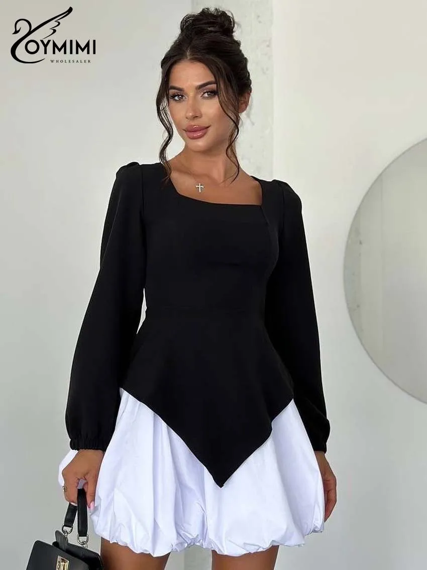 Oymimi conjunto casual de 2 peças de algodão preto, roupa feminina elegante, gola quadrada, manga comprida, tops abertos nas costas e mini saias plissadas