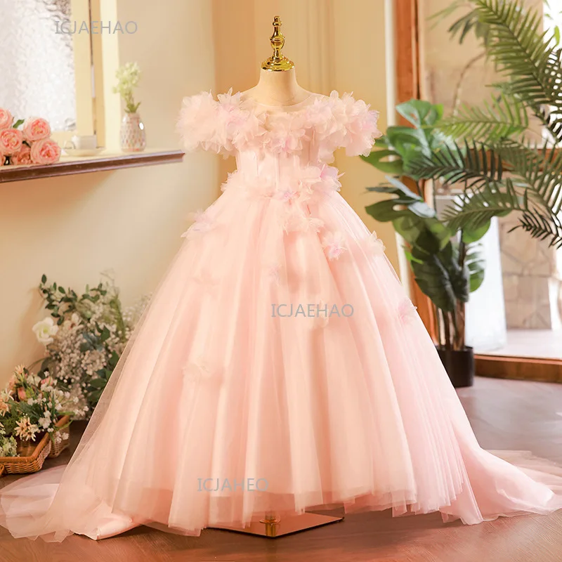 

2025 Party Dress Vestido Pink Children Girls Pageant Dresses Costume Matching Kids Princess Gown Host Piano Performance Outfit