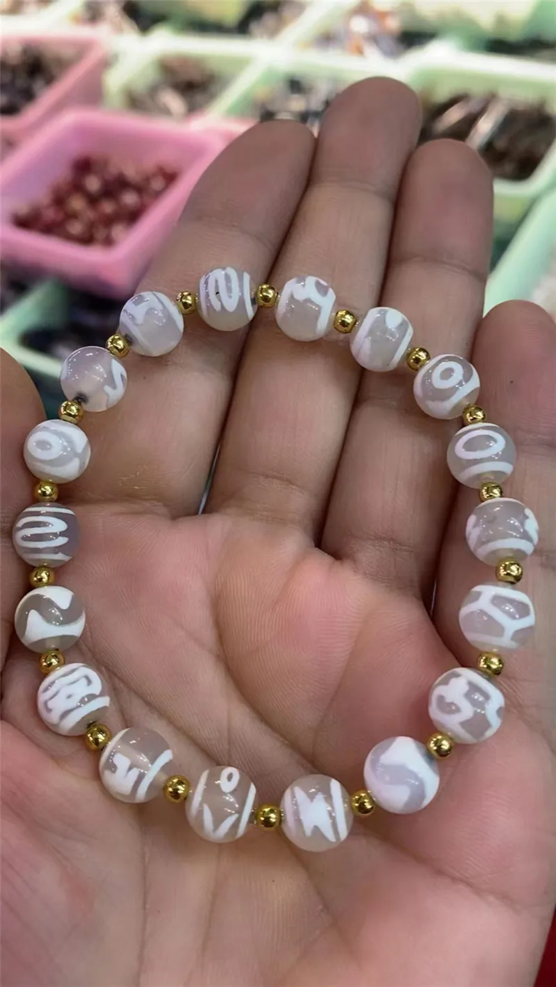 1pcs/lot New Arrival Natural Agate Stone White Color Fine Different Pattern Tibetan Dzi Beads Bracelet for Men and Women