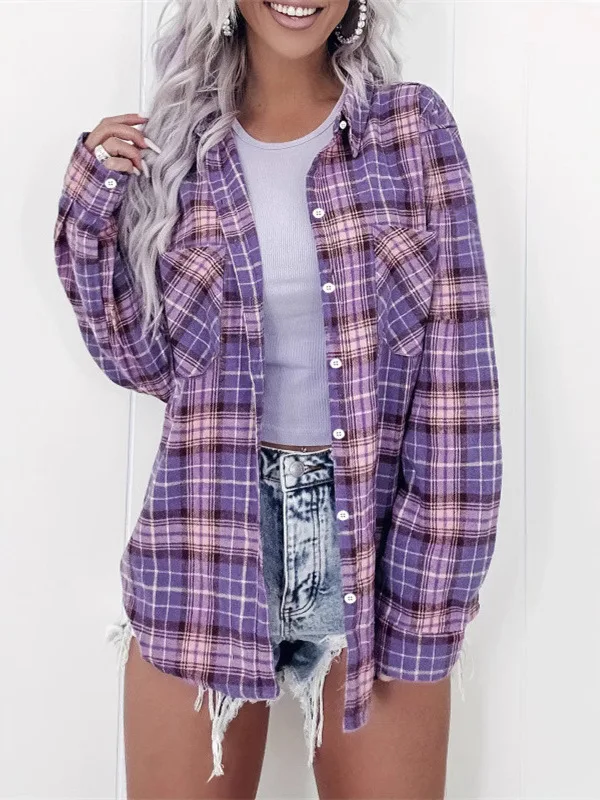 

Women's Plaid Long Sve irt Cardigan Top Polyester Cotton Blend Button up Classic Sle Faionable Ladies' Blouse