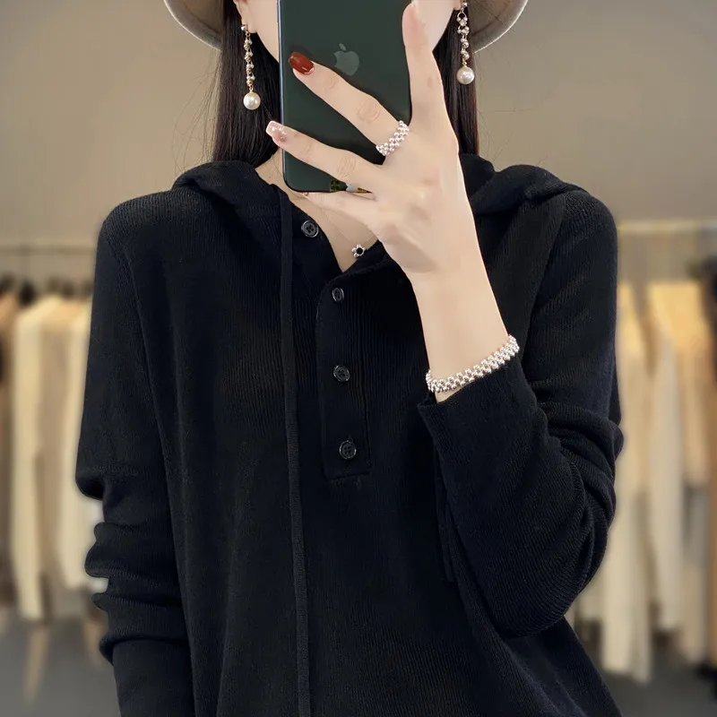 2025 Nuova felpa con cappuccio da donna allentata edizione coreana maglione con cappuccio da donna manica lunga fondo lavorato a maglia maglione lavorato a maglia di lana