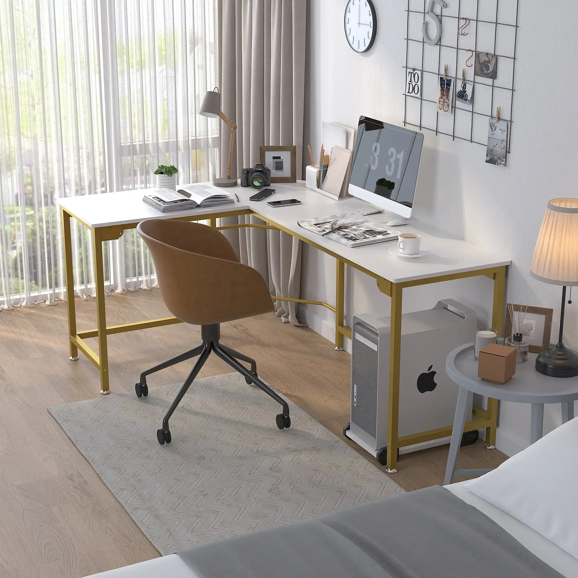 L-Shaped Corner Computer Desk Office Workstation Modern Wooden Home Study Writing Table Laptop Desk - White with Gold Frame