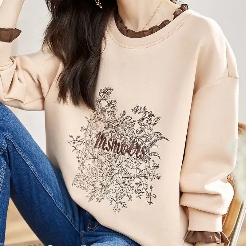 Fake Two Fashionable Loose Heavy Industry Hoodies for Women New Autumn and Winter Embroidered Long Sleeved Top Niche