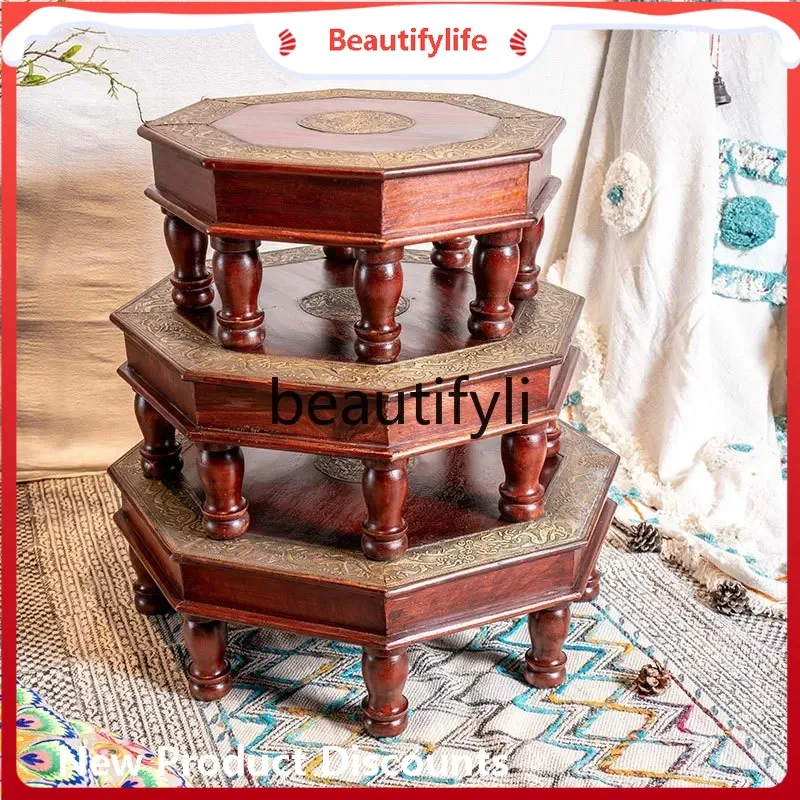 Mesa de centro de madera maciza, mesa de té baja de arte americano de cobre hecha a mano india, ventanal retro, tatami pequeño de Asia del Sur
