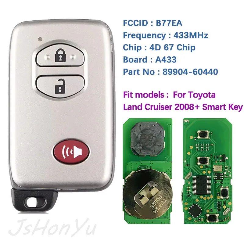 JsHonYu B77EA 433MHz ASK Smart Remote Key for Toyota Land Cruiser 2008-2015 89904-60440 89904-60790 98 4D-67 Chip 3 Button Fob