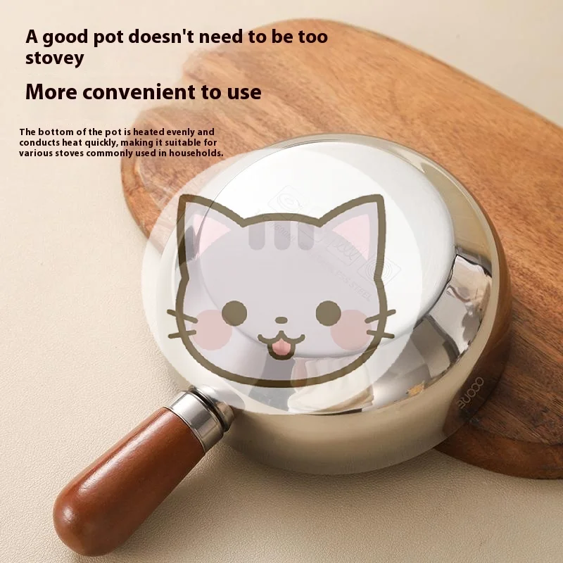 

14cm Single-person Pot Stainless Steel Bowl Walnut Wood Handle Fruit Salad Yogurt Bowl Restaurant Breakfast Cooking Tool