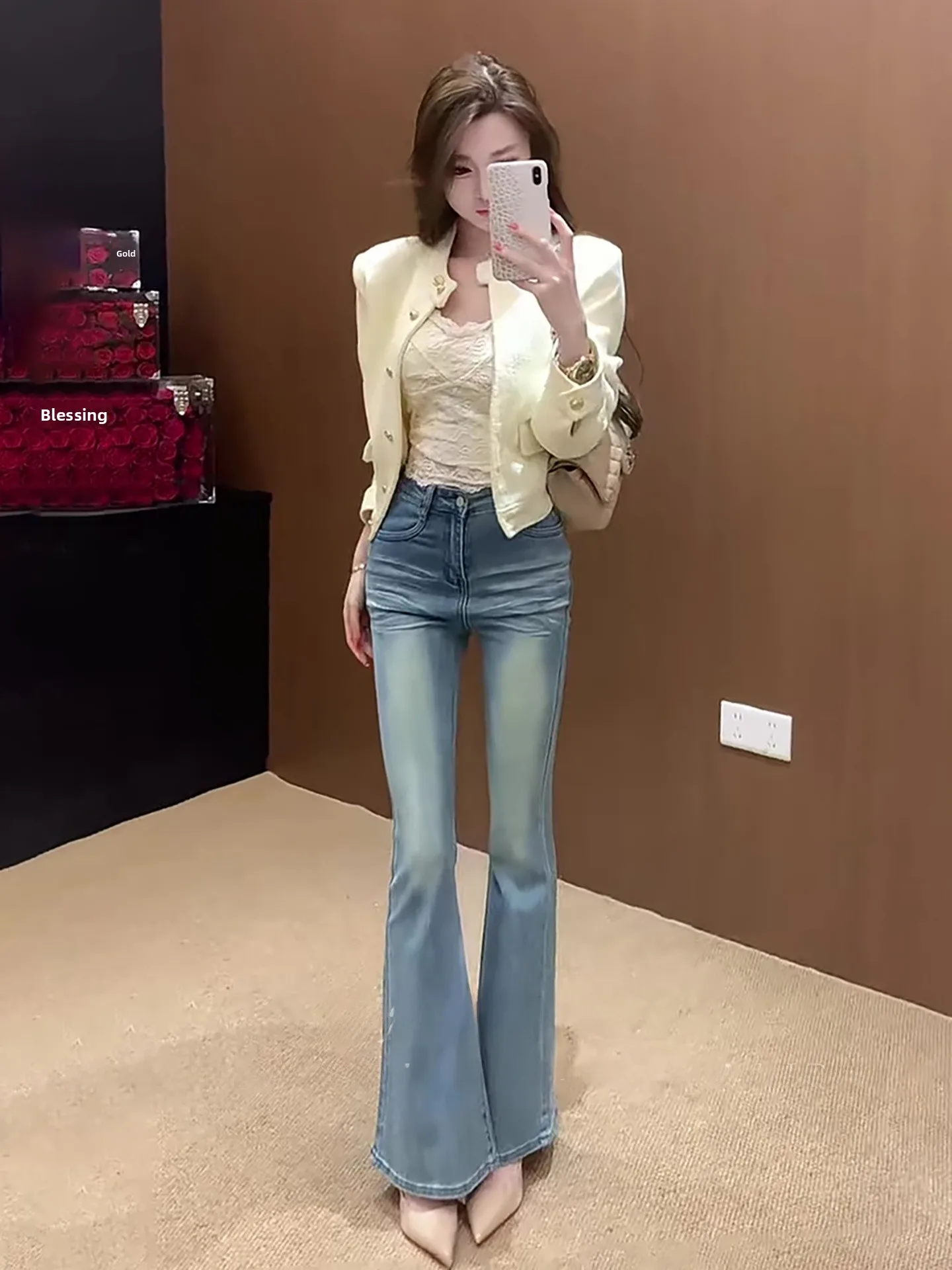 

Retro Faded Washed Bell Bottom Jeans Women High Waist Slim Fit Hip Lifting Slimming Casual Versatile Bell Long Pants