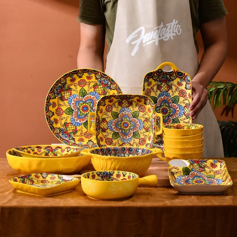 Household ceramic tableware Bohemian plate enchanting yellow flower soup bowl plate wholesale vintage high appearance rice bowl