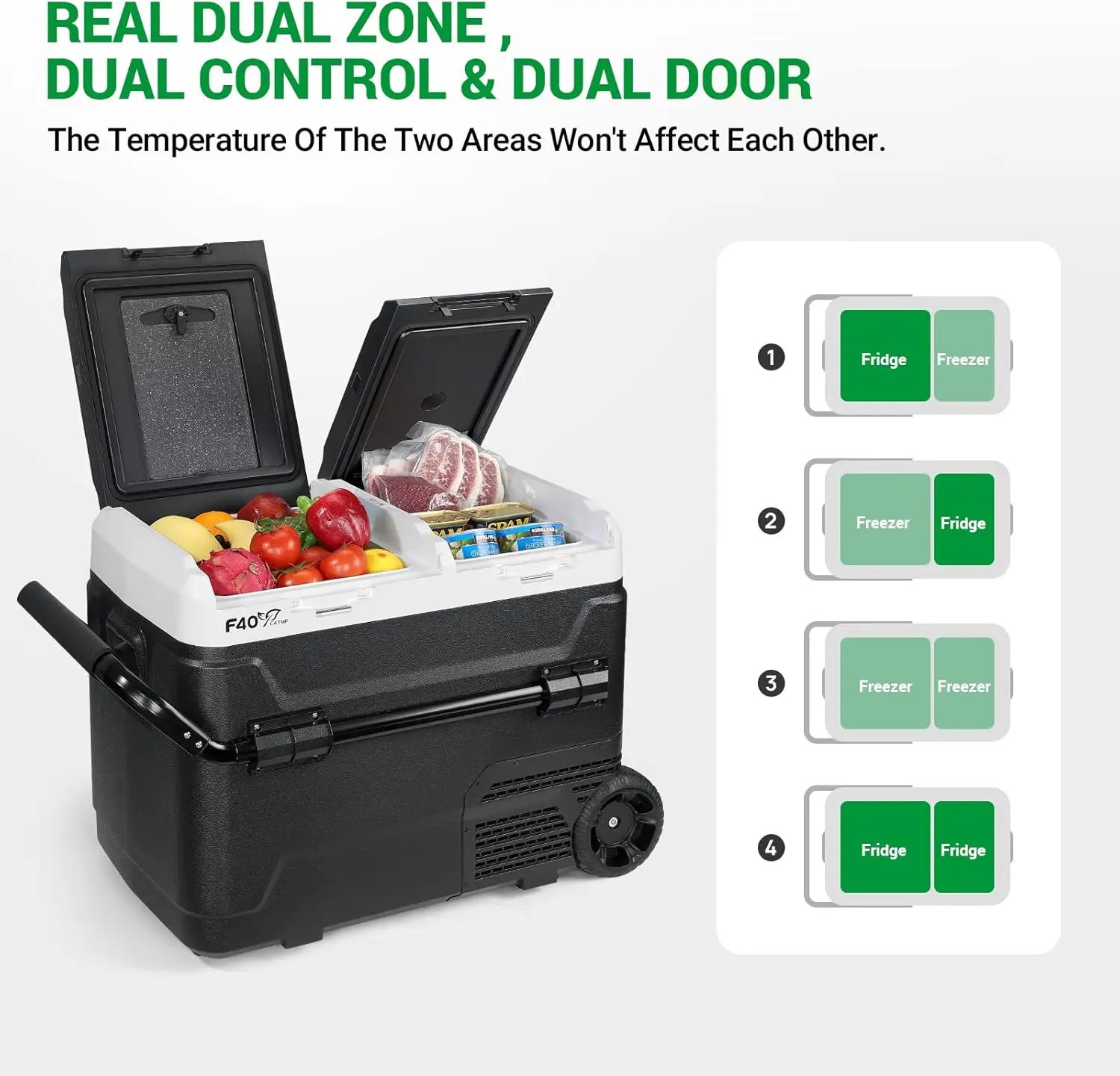 Refrigerador portátil de 12 voltios, congelador de coche de doble zona de 54 cuartos, Control de temperatura independiente (-4 ℉ ~ 68 ℉), nevera de compresor de 51L