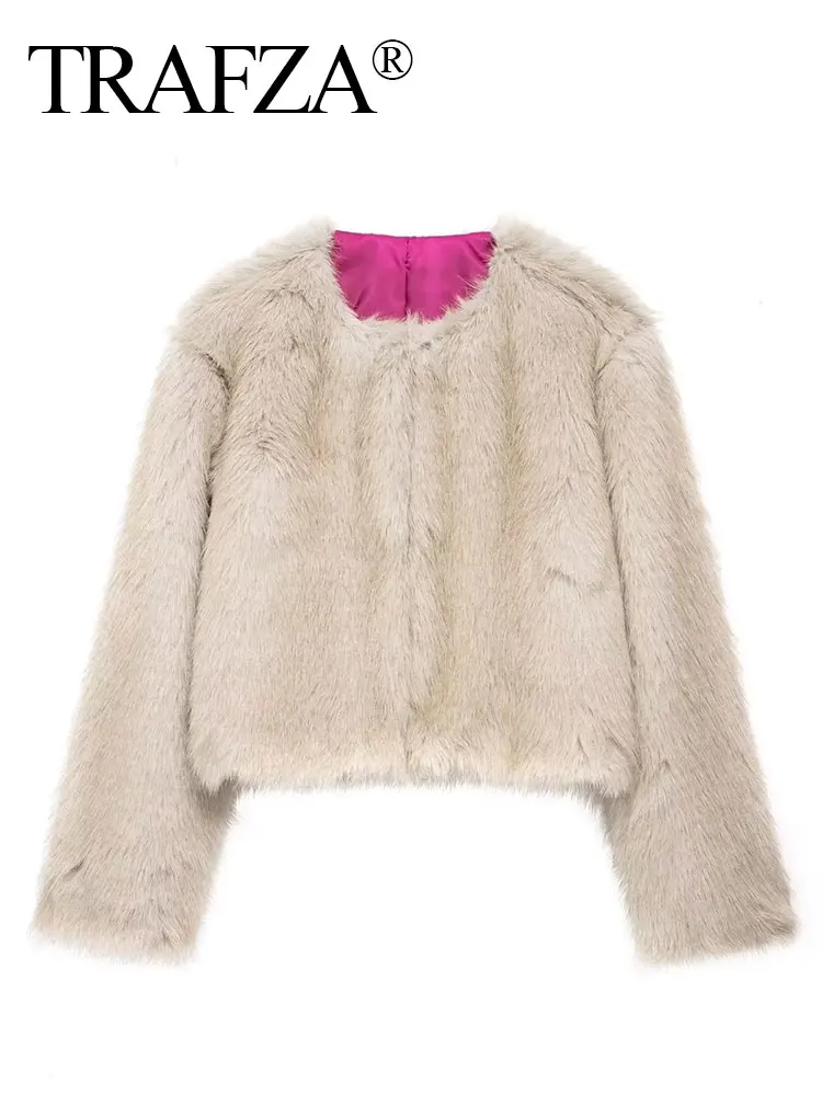HH Vrouwen Mode Effen Nepbontjas O Hals Lange Mouw Cropped Jas Herfst Winter Vrouwelijke Mode High Street Bovenkleding