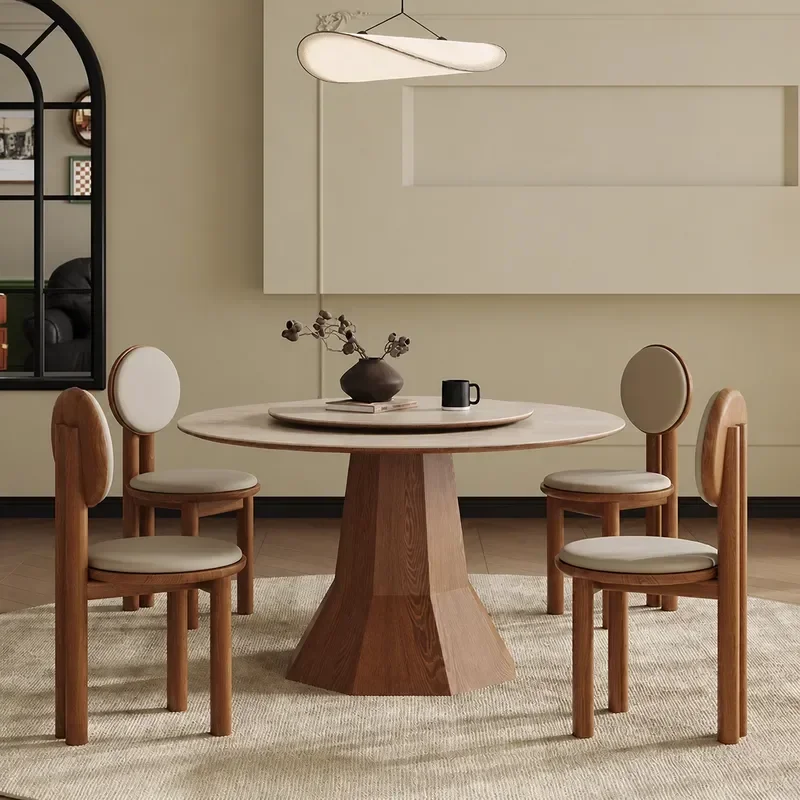 Solid Wood and Rock Slab Round Dining Table with Turntable Modern Simple Medieval French Retro Style Home Furniture