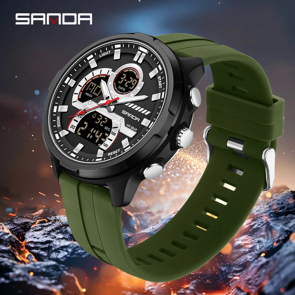 

SANDA новые 9077, мужские электронные часы, спортивные многофункциональные водонепроницаемые светодиодные ночники с двойным дисплеем, студенческие электронные часы