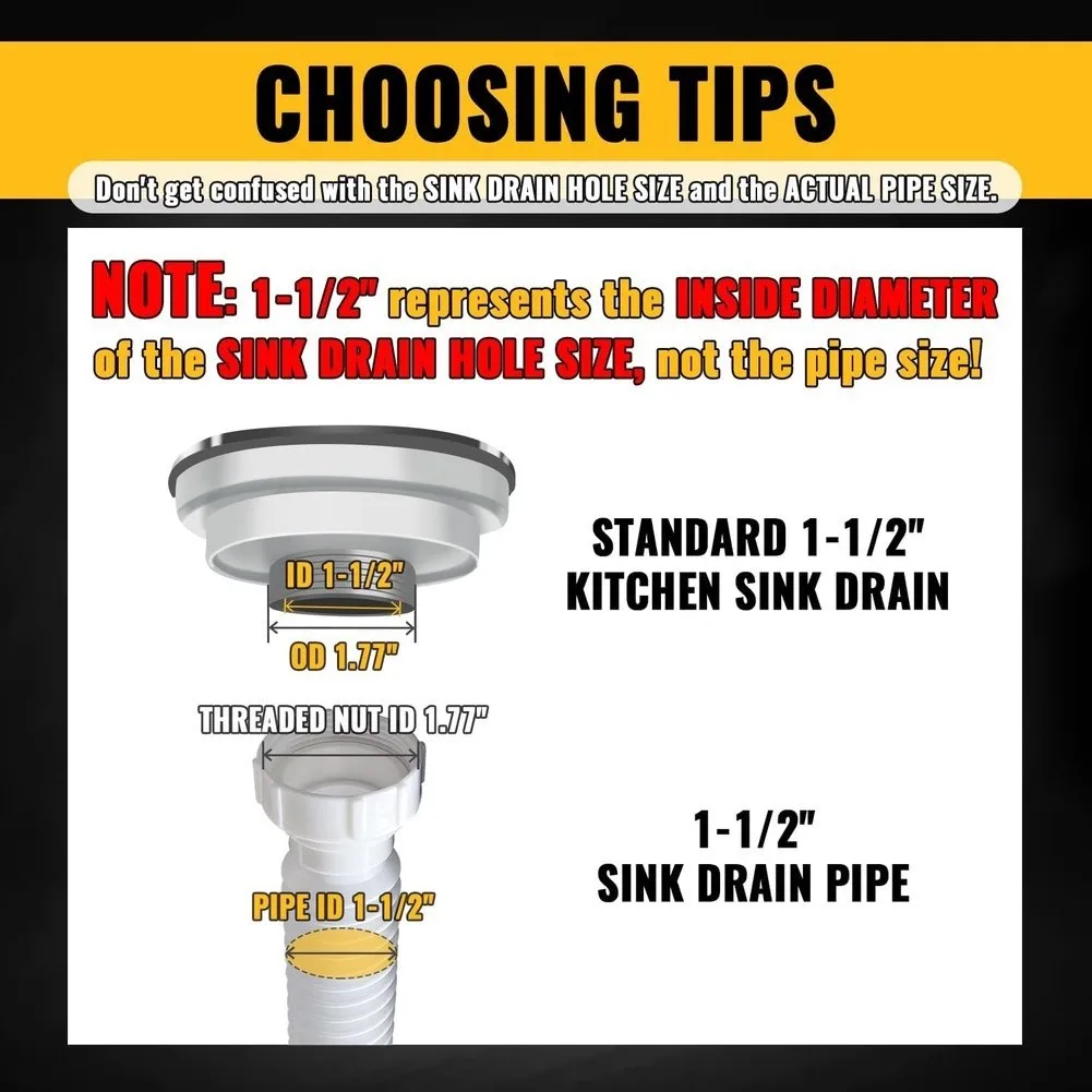 Adjustable Sink Drain Pipe Kit for Kitchen and Bathroom Flexible P Trap Compatible with 1 1/2 and 1 1/4 Inch Pipes