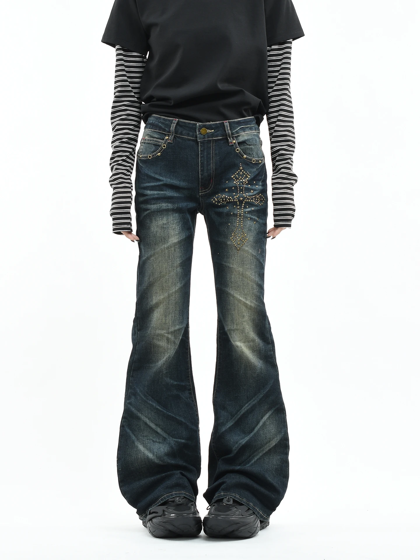 

OV Original American Punk Cross Rivet Design Waed Denim Jeans Women Slimming Micro Flared Long Trousers Casual Cotton Blend