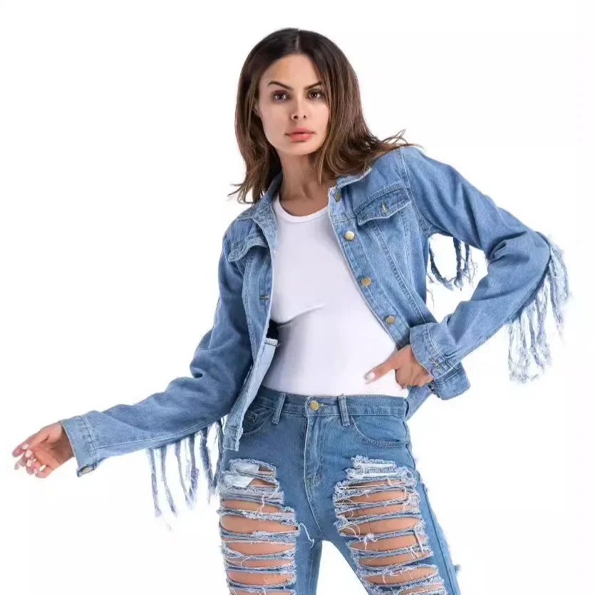 Back Sleeves Tassel Denim Jacket Coat 2024 Autumn New Jaquetas Blue Jean Jacket Woman