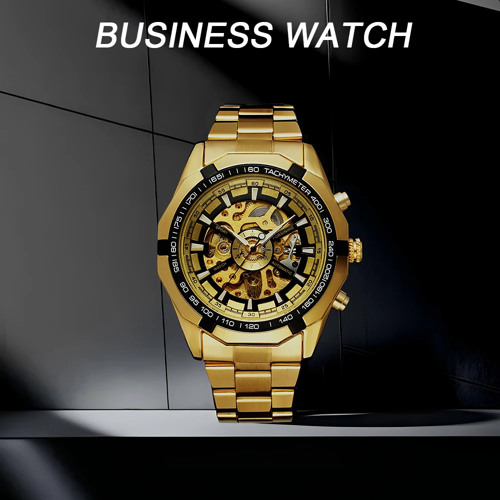 FORSINING الكلاسيكية الرجال الهيكل العظمي التلقائي ساعات آلية مؤشرات مضيئة الصلب الرياضة العصرية رجل ساعة اليد Hombre Relojes