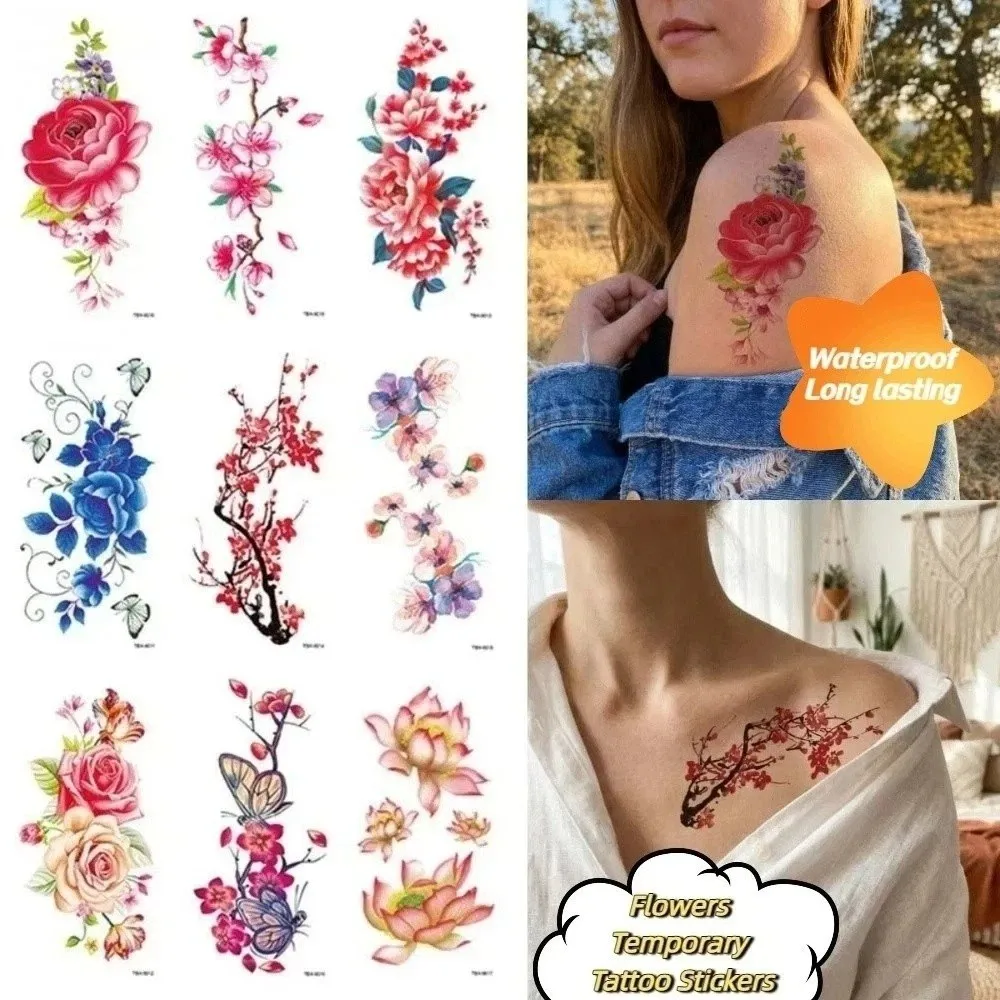 Rose Butterfly Flower Temporary Tattoo Stickers Waterproof 3D Texture Butterfly Tattoo Stickers Personalized Lotus Green Leaf