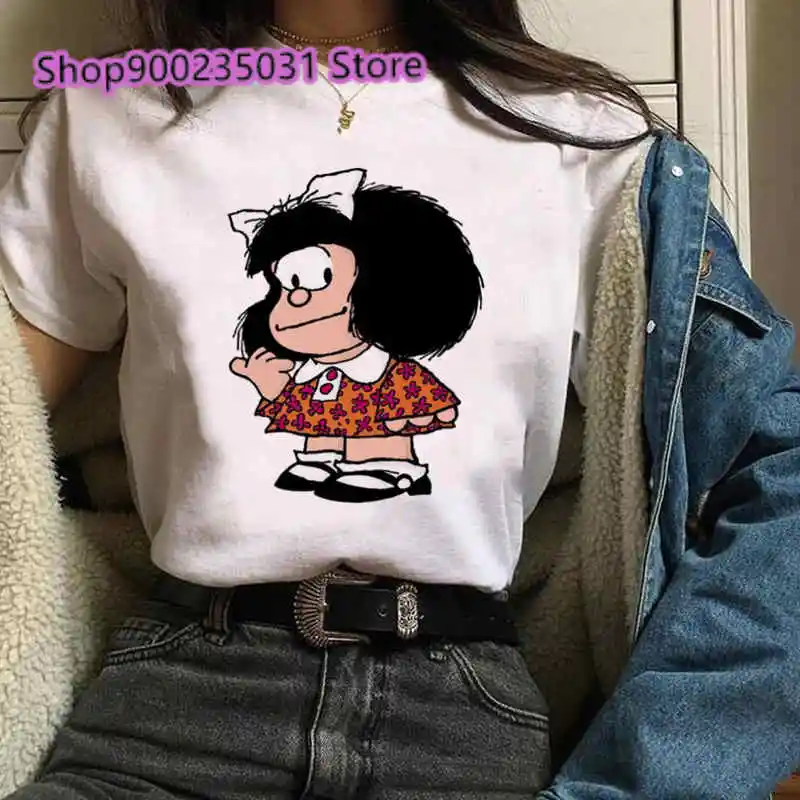 Harajuku T-shirt Women Mafalda Graphic Short Sleeve T-shirts Streetwear O-Neck Black Tops Tee 90s Cartoon Tshirt Femme