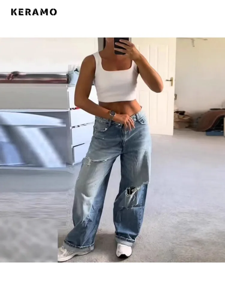 Jean ample bleu Vintage pour femme, pantalon en détresse, Kpop Y2K, dommages Emo, jambes larges, déchiré, Harajuku, hiver 2025