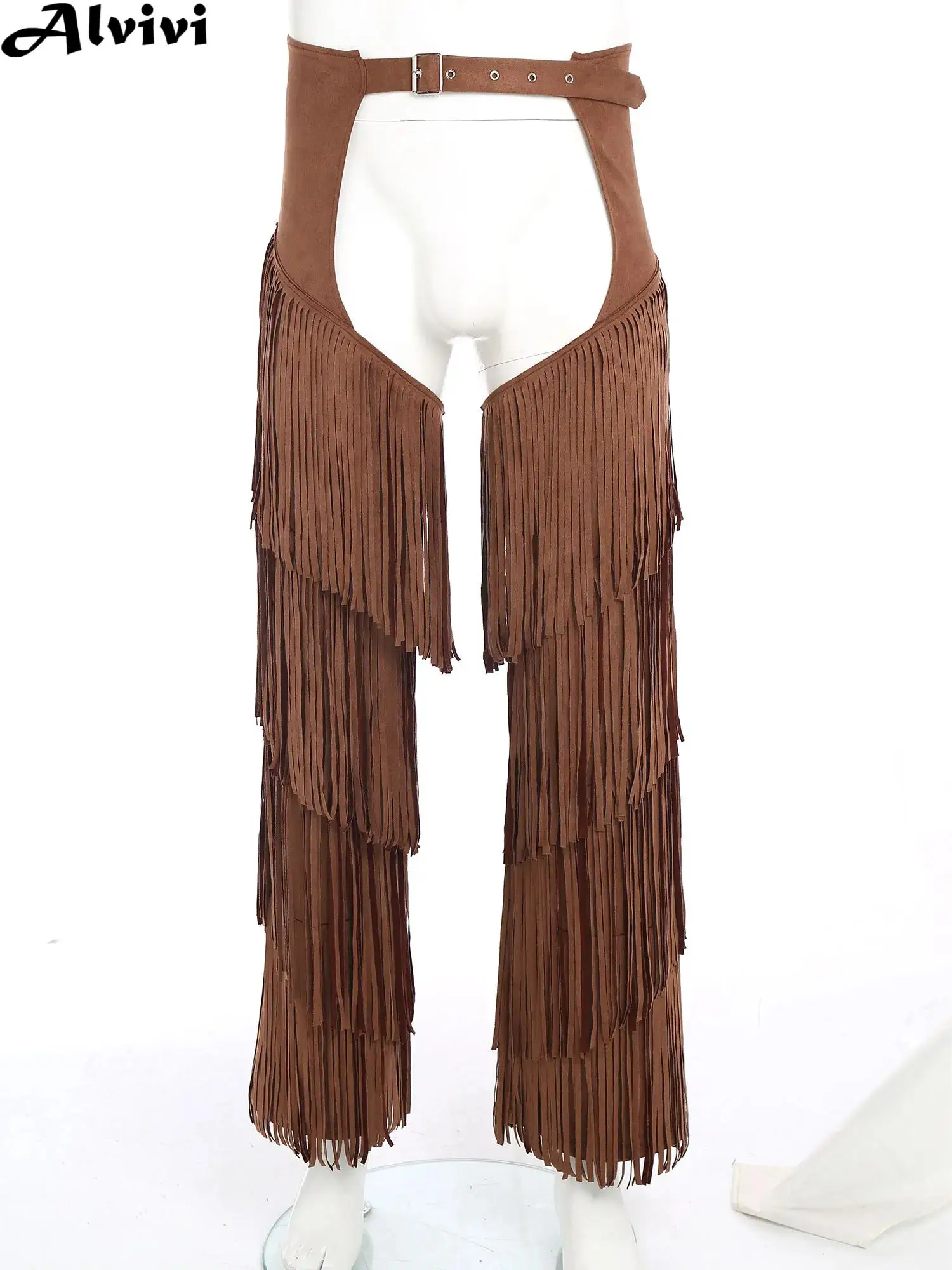 

Adult Western Cowboy Cowgirl Costume Adjustable Buckle Open Crotch Fringe Retro Chaps Pants for Halloween Carnival Raves Club