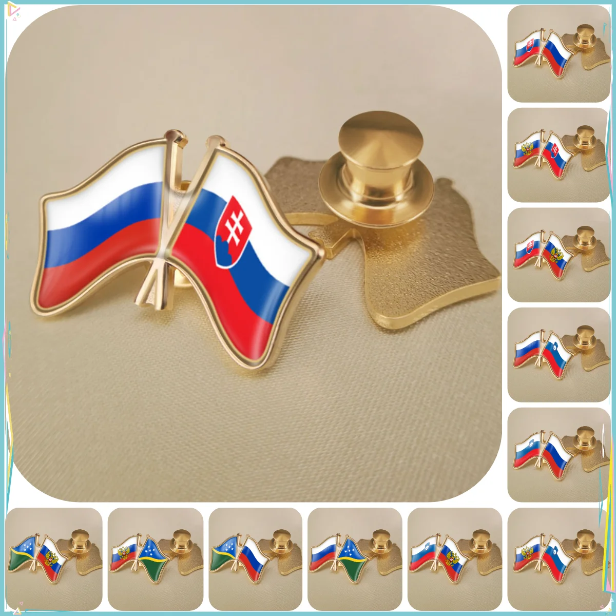 Russian Federation and Slovakia Slovenia Solomon Islands Double Crossed Friendship Flags Brooches Lapel Pins Badges