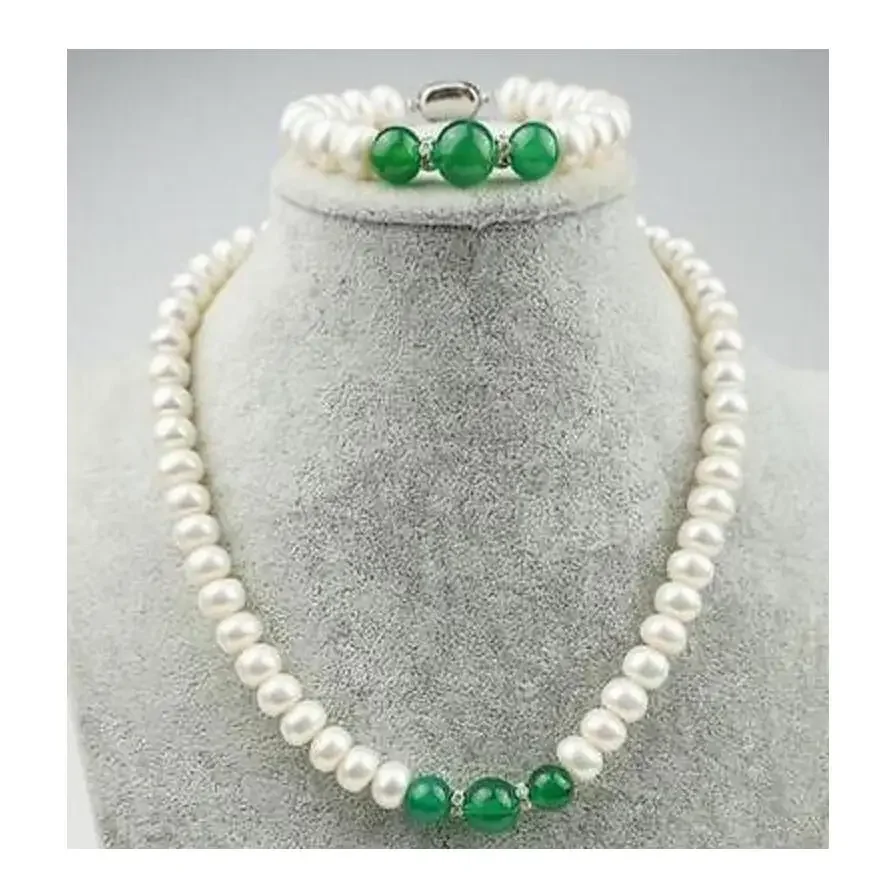 

new hot Genuine Natural 5X7MM WHITE CULTURED PEARL & GREEN JADE necklace Bracelet AAA